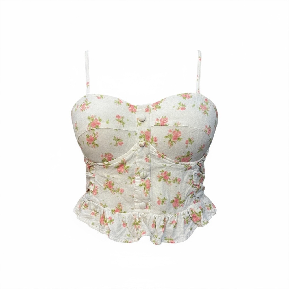 SIM & SAM M Ivory Pink Floral Top Bustier Smocked Back Stretch - Picture 2 of 10